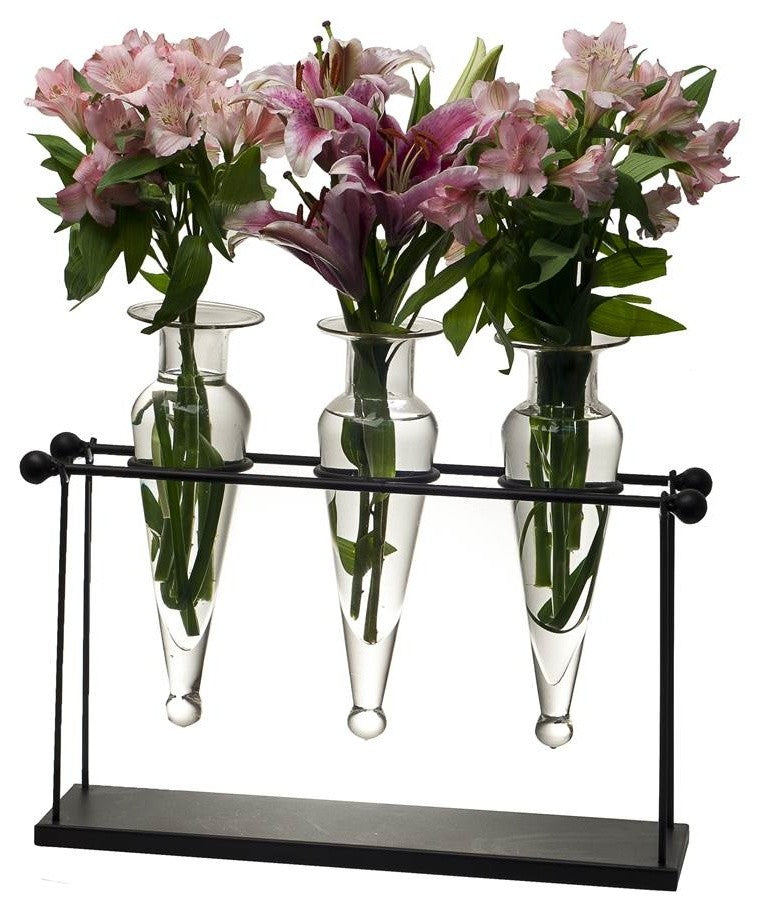 Triple Amphorae on Iron Stand With Finials Vases, Clear