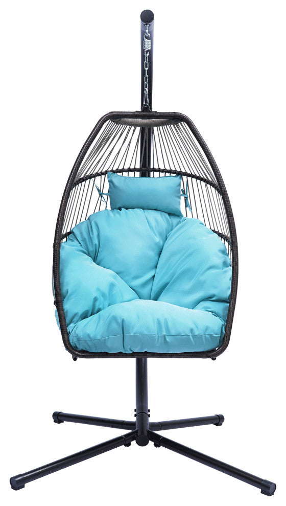 Outdoor Patio Wicker Folding Swing Chair Hanging With Bracket and Cushion Pillow