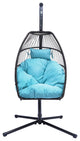 Outdoor Patio Wicker Folding Swing Chair Hanging With Bracket and Cushion Pillow