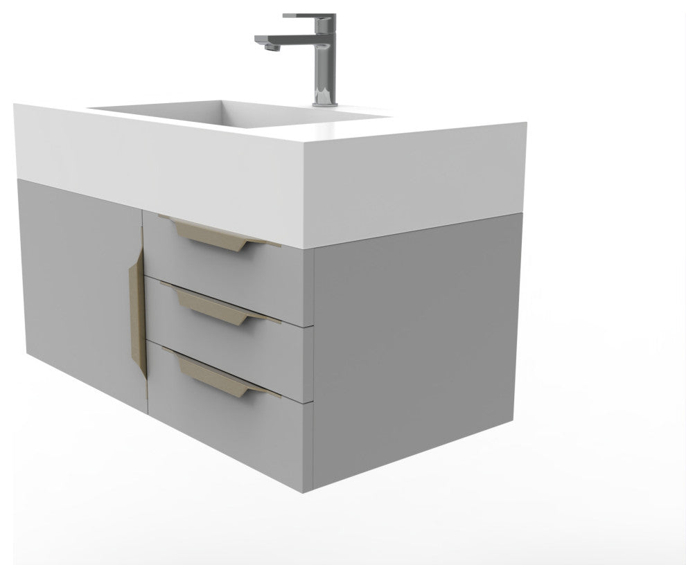 CastelloUSA Nile 36" Wall Mounted Vanity Set, Gray, White Top, Gold Handles