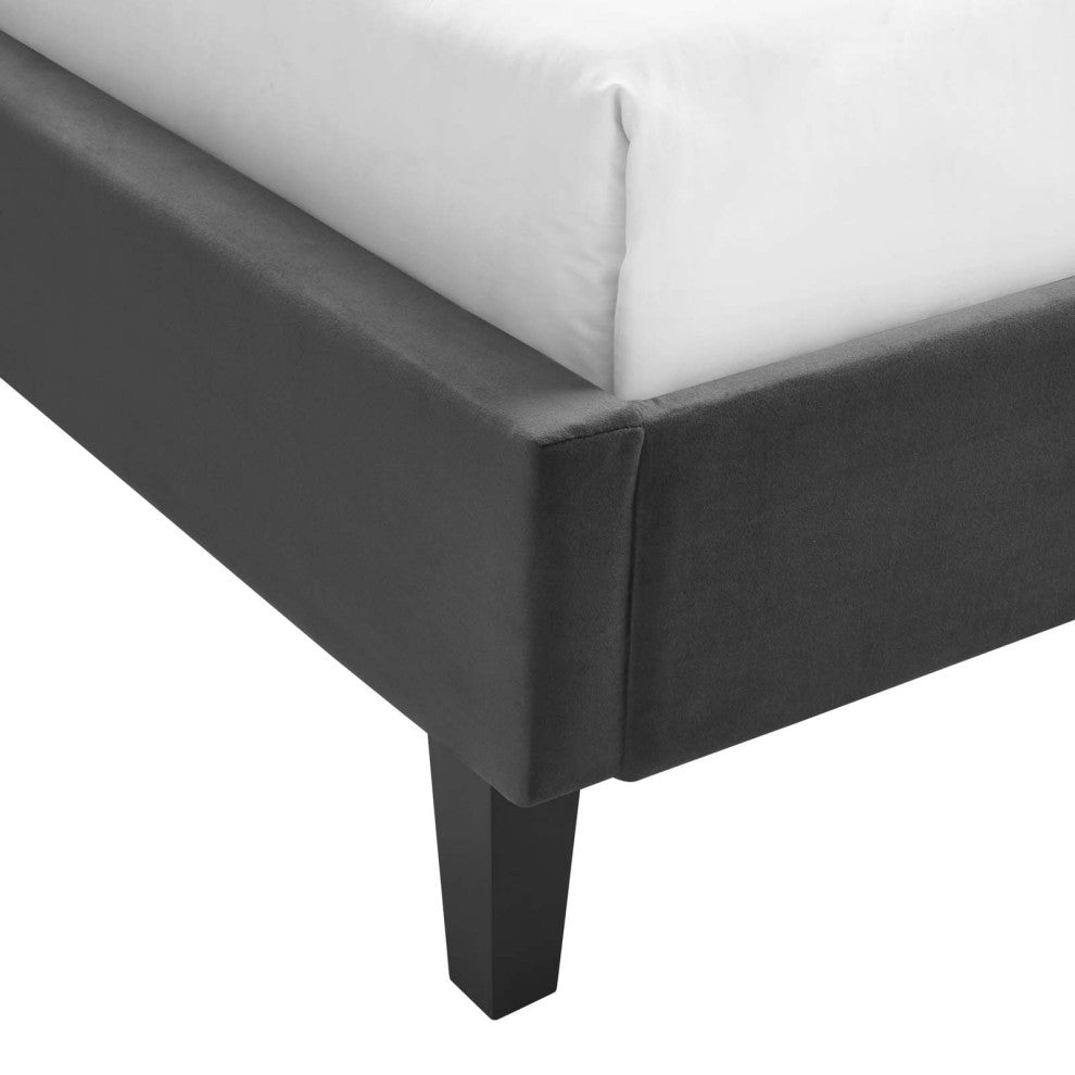 Platform Bed Frame, Queen Size, Velvet, Dark Gray, Modern Contemporary