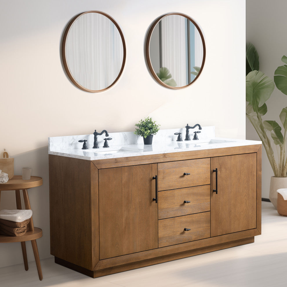 Vanity Art Bathroom Vanity With Sink, Tan, 72" Double, Arabescato White Engineered Marble Top