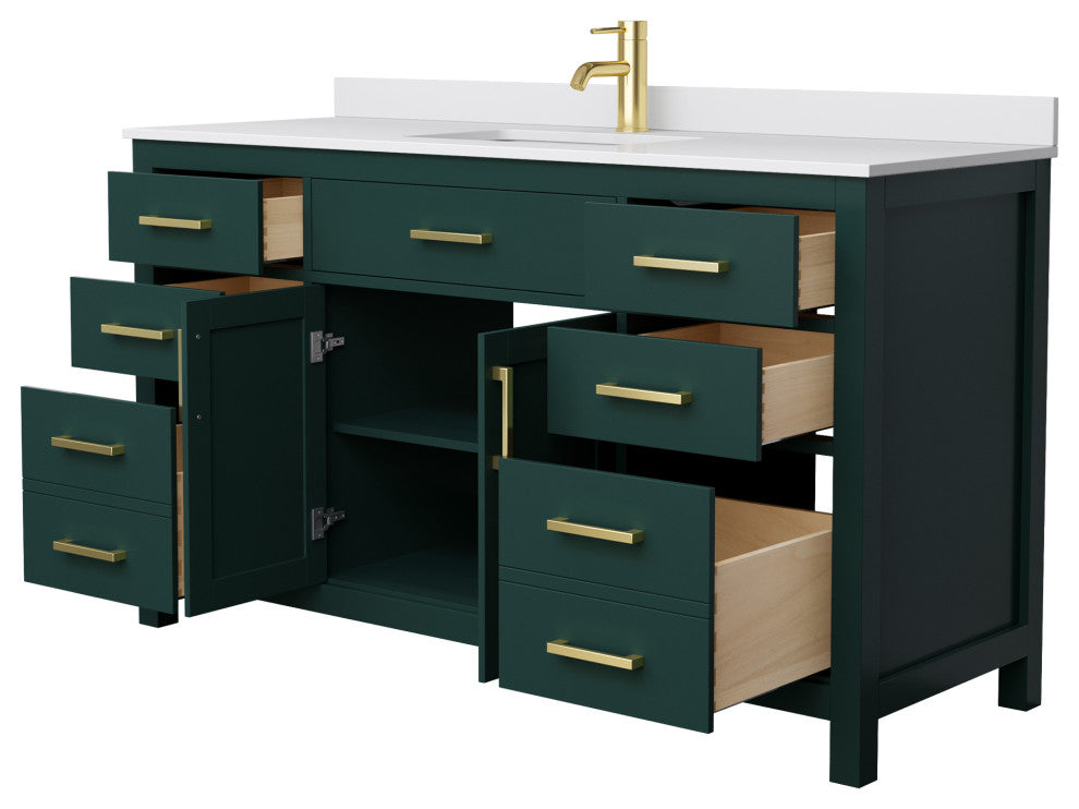 60" SGL Bathroom Vanity, Green, White Cult. Marble Countertop, Sink, Gold Trim