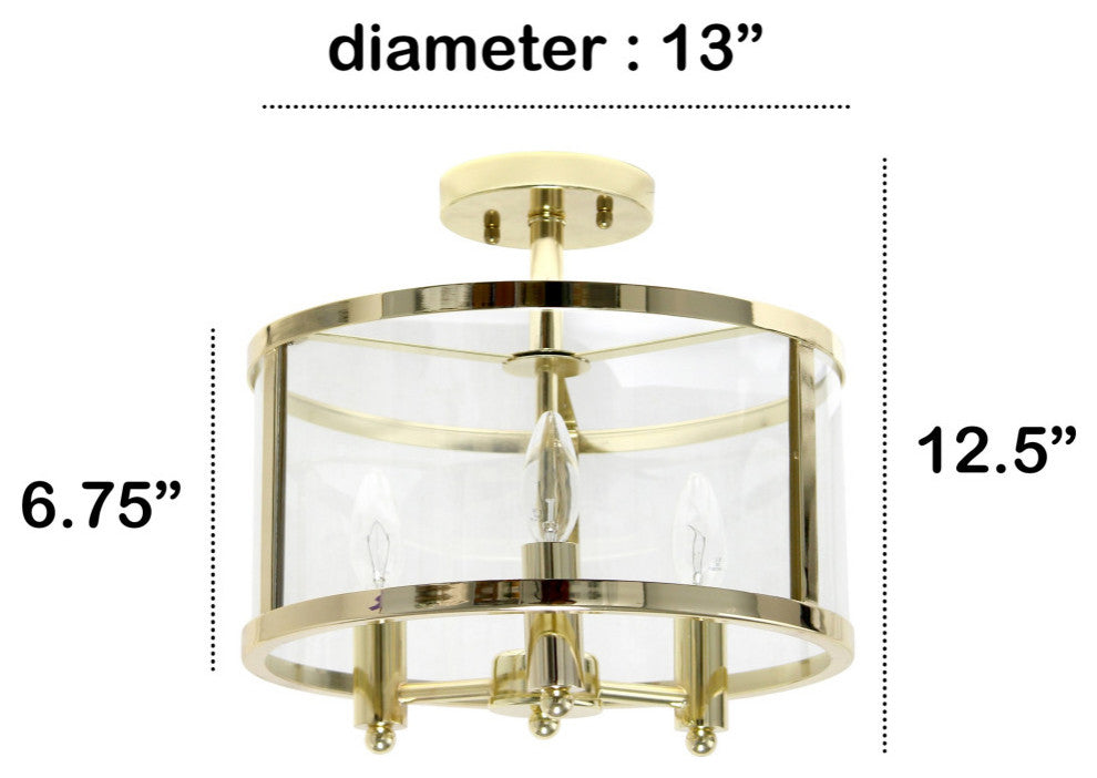 3-Light 13" Farmhouse Glass and Metallic Accented Semi-flushmount, Gold