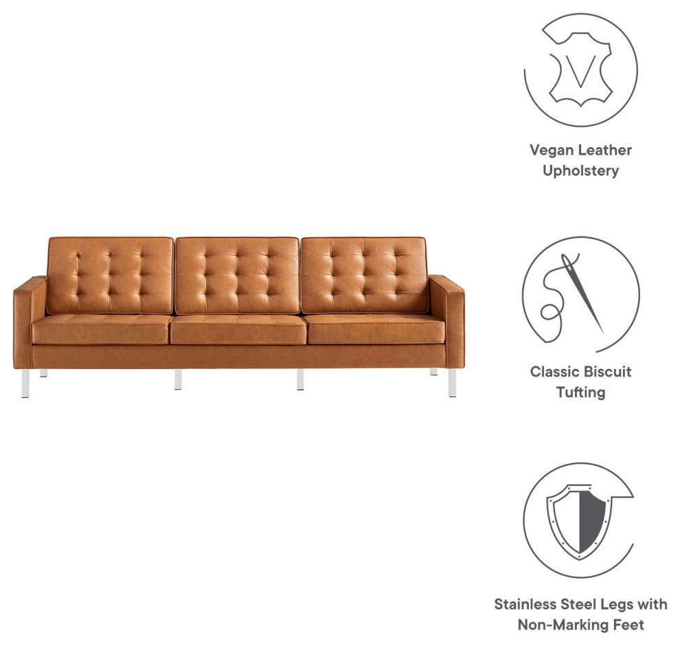 Modern Designer Lounge Sofa, Faux Vinyl Leather Metal Steel, Tan Brown