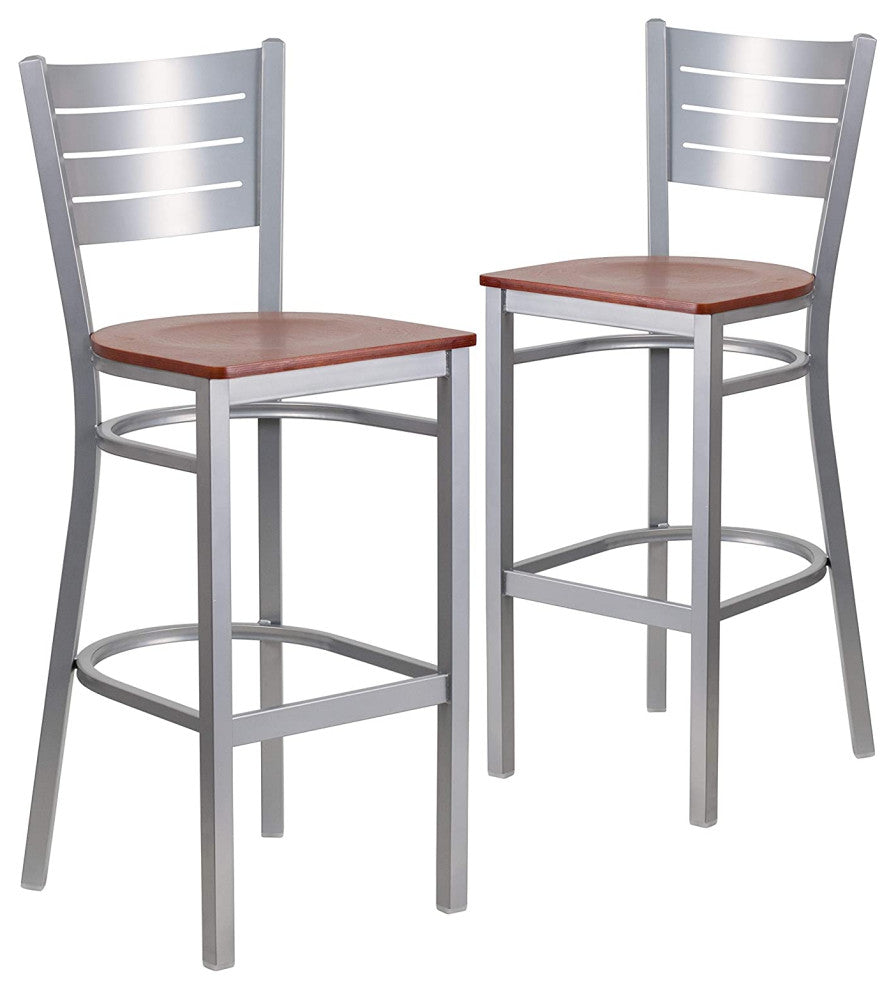 Set of 2 Bar Stool, Silver Metal Frame With Ladder Backrest, Cherry Wood Seat