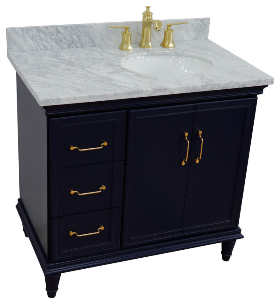 37" Single Vanity, Blue Finish With White Carrara