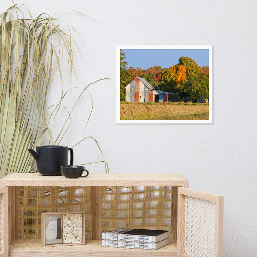Patriotic Barn in Field Rural Landscape Framed Photo Paper Wall Art Prints, White, 16" X 20"
