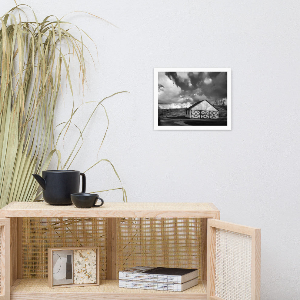 Aging Barn Morning Sun in Black and White Framed Photo Paper Wall Art Prints, White, 11" X 14"