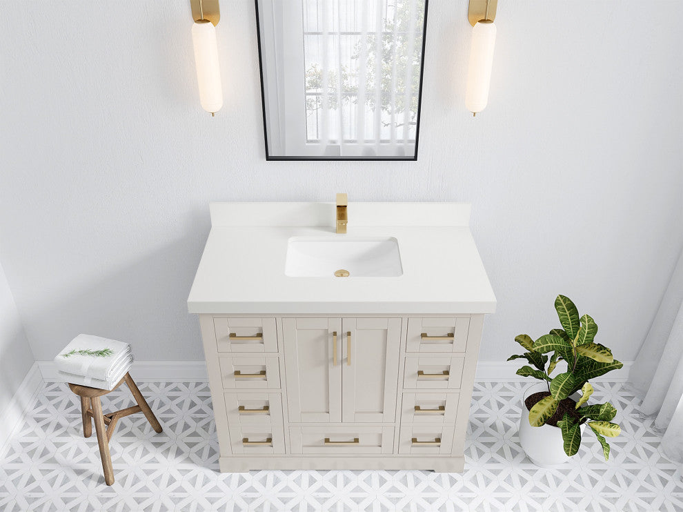 Boston 42" Single Sink Bath Vanity in Fine Grain 2" White Quartz