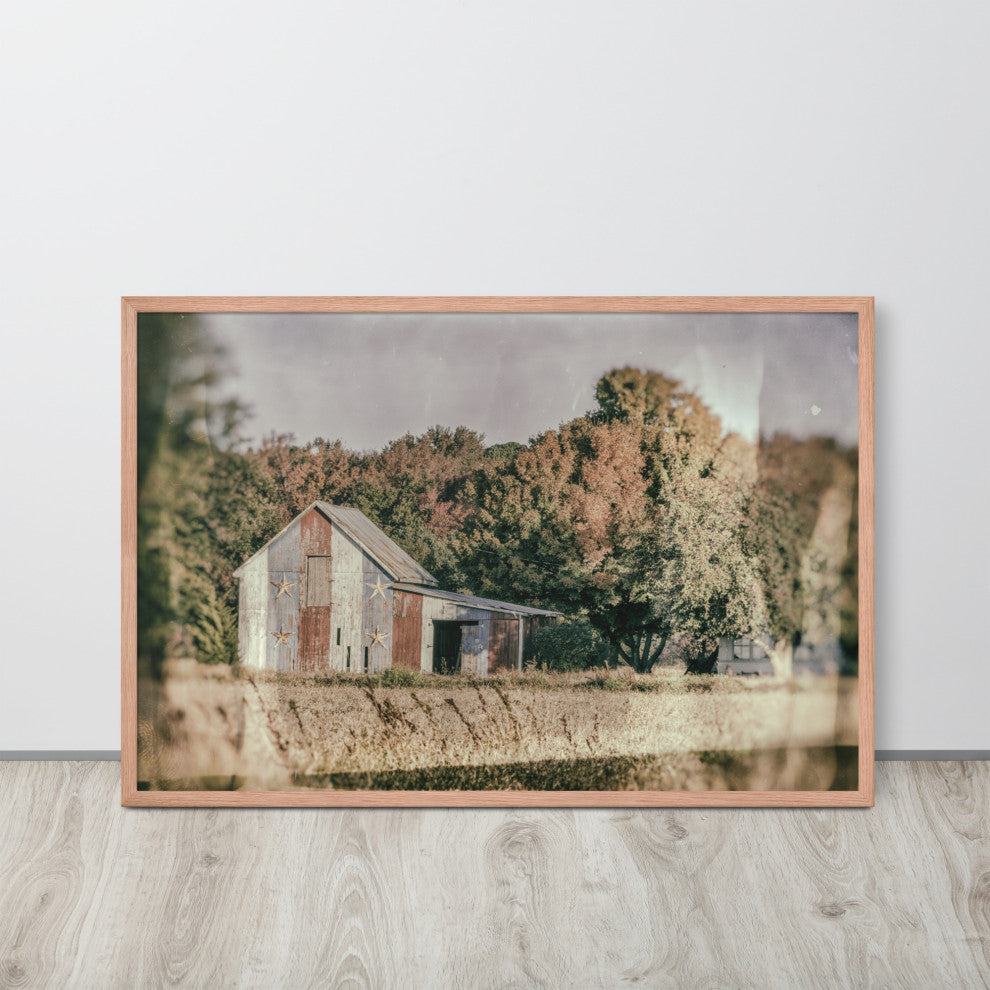 Patriotic Weathered Barn in Field Glass Plate Framed Photo Paper Wall Art Prints, Red Oak, 24" X 36"