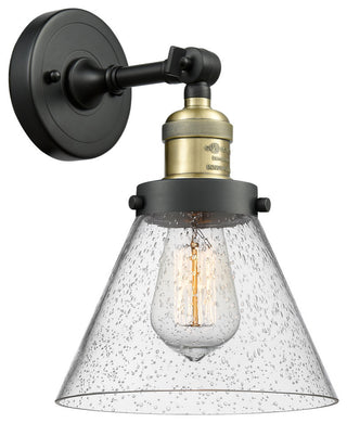 1-Light Large Cone 8" Sconce, Black Antique Brass, Glass: Seedy