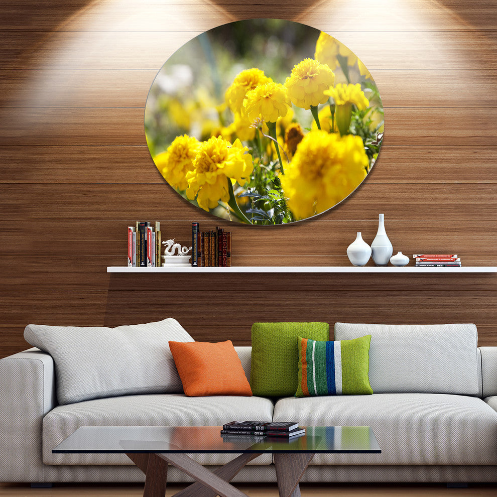 Bright Yellow Marigold Flowers, Floral Disc Metal Wall Art, 23"