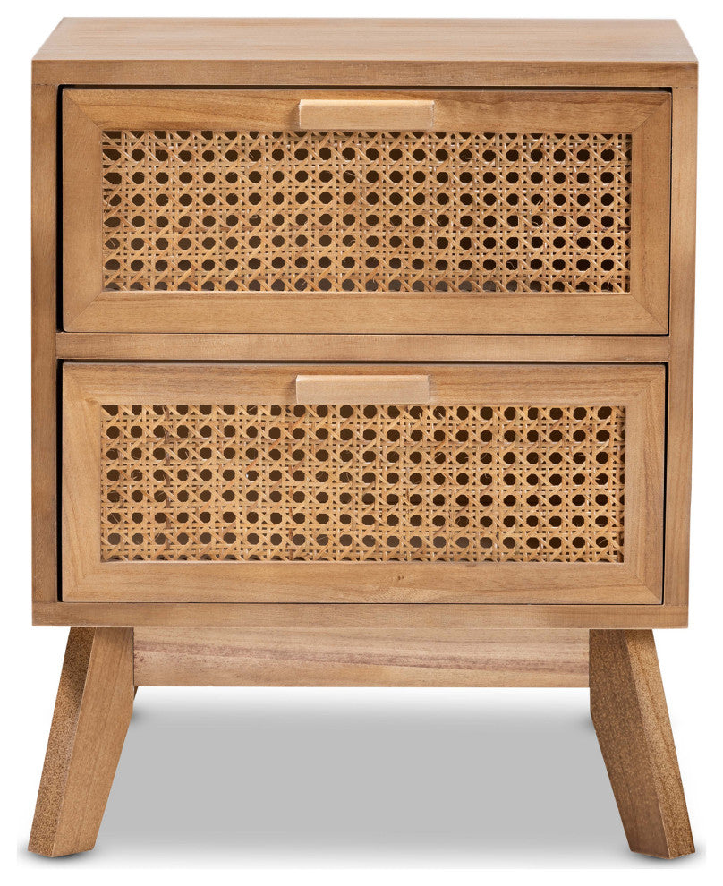 Kathrin Mid-Century Walnut Brown Nightstand With Rattan, 2-Drawer