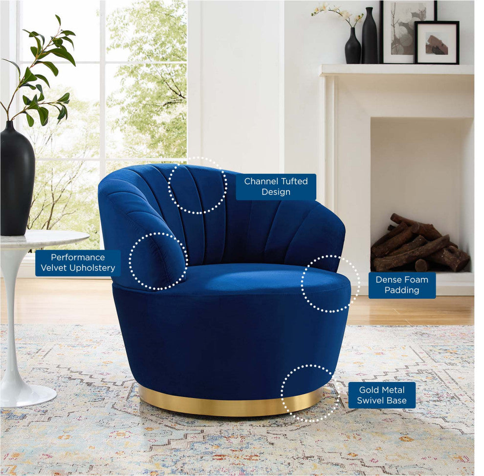 Tufted Armchair Accent Swivel Chair, Velvet, Blue Navy, Modern, Lounge