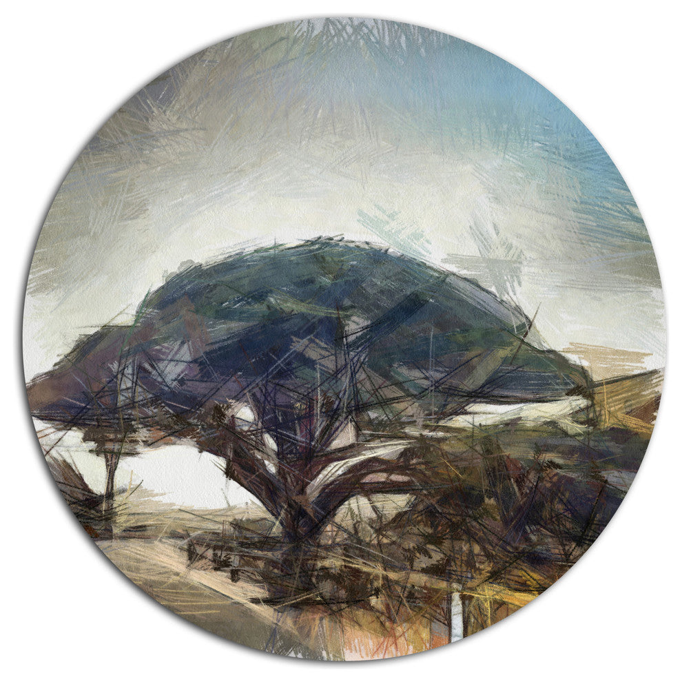 Lonely Oak Tree Watercolor Sketch, Landscape Round Metal Wall Art, 36"
