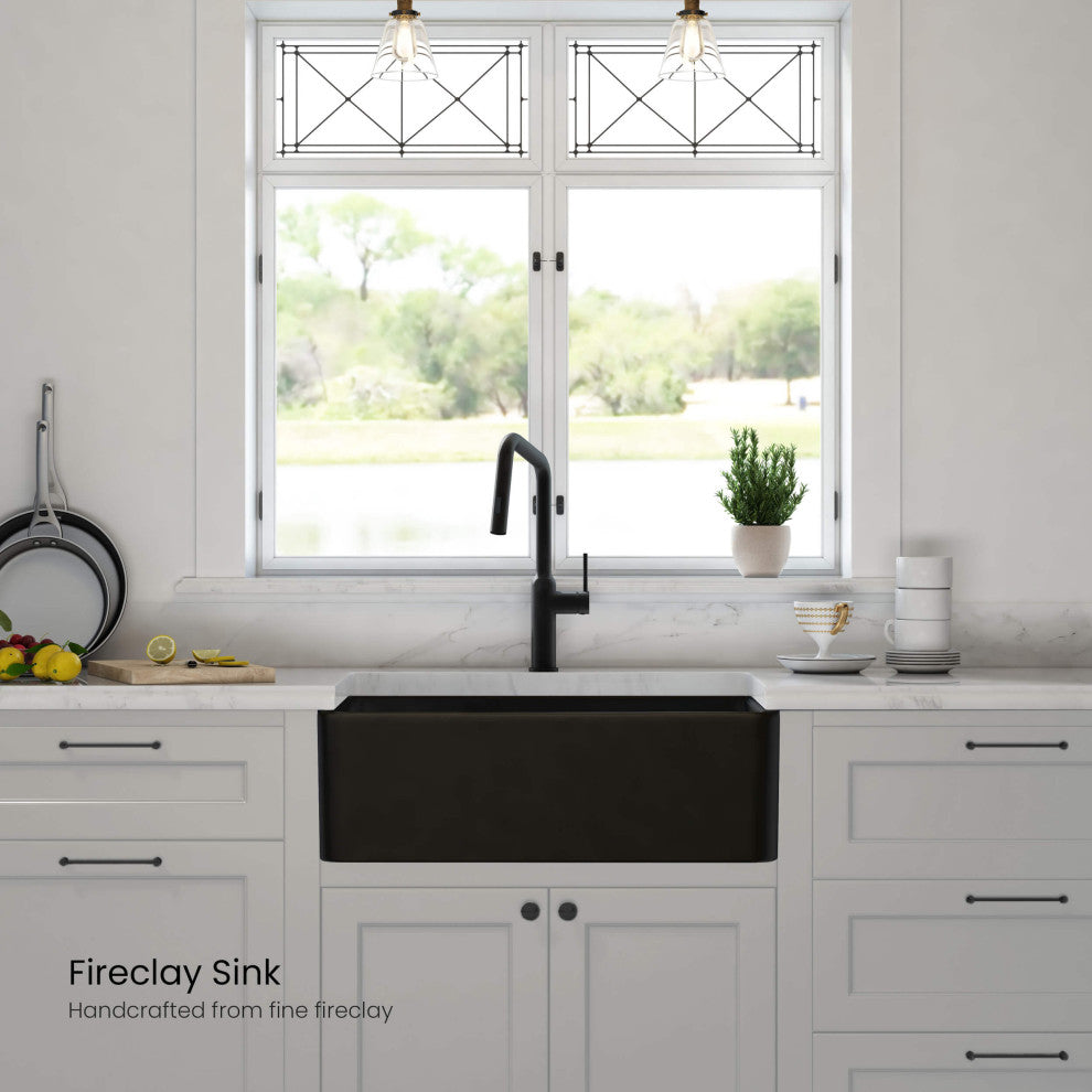Pure 30" Fireclay Kitchen Farmhouse Apron Front Single Bowl Sink, Matte Black