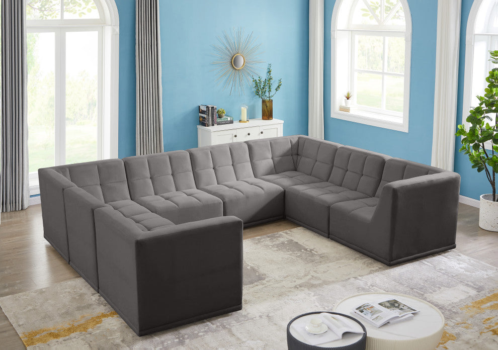 Relax Velvet Upholstered 8-Piece U-Shaped Modular Sectional, Grey