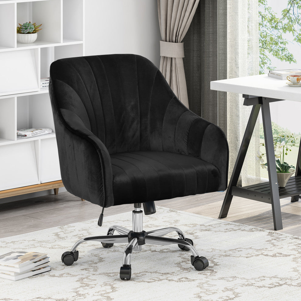 Cassandra Velvet Home Office Chair With Swivel Base, Black, Silver Finish