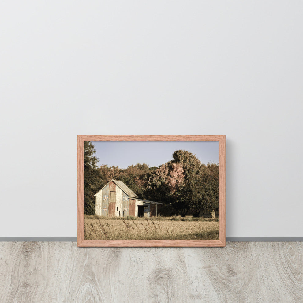 Patriotic Barn in Field Aged Effect Framed Photo Paper Wall Art Prints, Red Oak, 12" X 16"