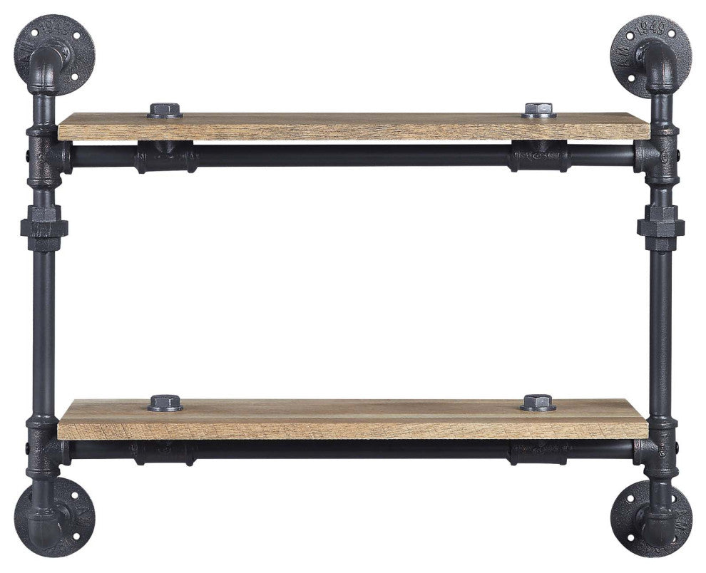 2 Tier Oak Wood Floating Shelf With Metal Tube, Sandy Black