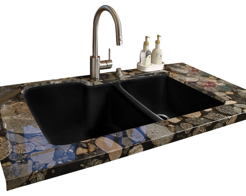 High-Low Double Bowl - Easy install No Hole Undermount, Black