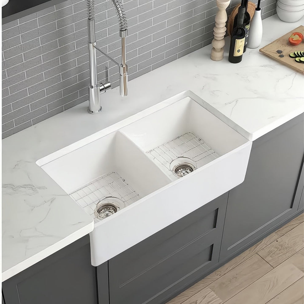 White Ceramic 33 in. Double Bowl Farmhouse Apron Kitchen Sink with Basket Strain