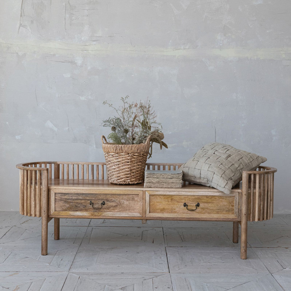 Mango Wood Slatted Bench With 2 Drawers and Metal Pulls, Natural and Brass