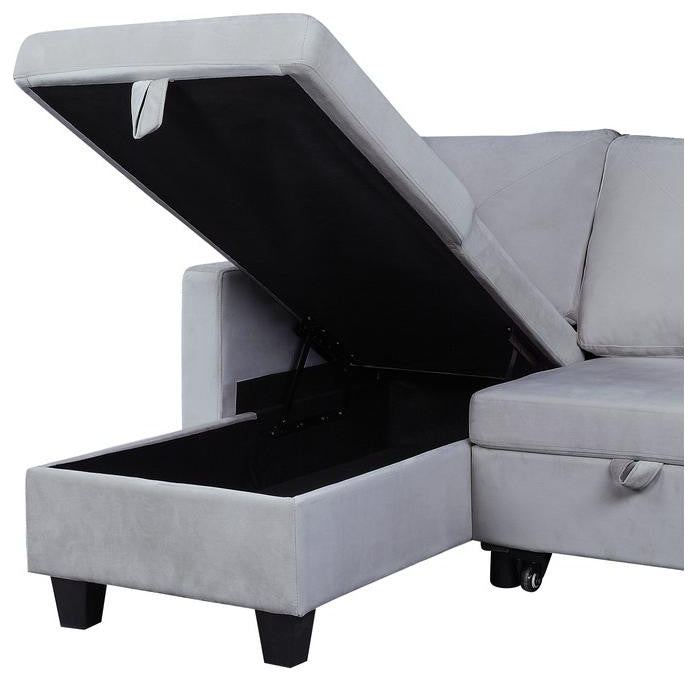 Nova Light Gray Velvet Reversible Sleeper Sectional Sofa with Storage Chaise
