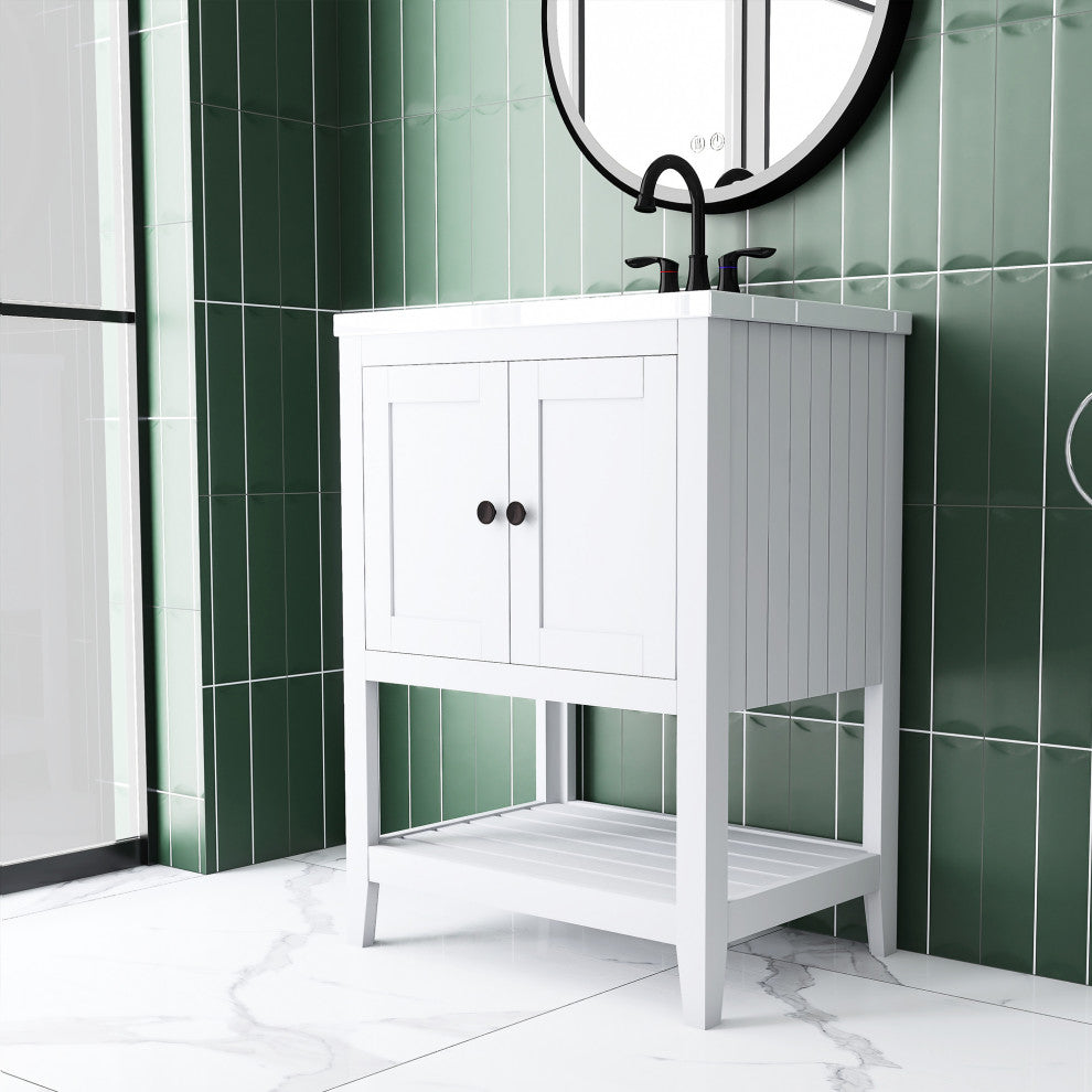 24" Wood Freestanding Bathroom Vanity with Integrated Ceramic Sink, White, 24" X