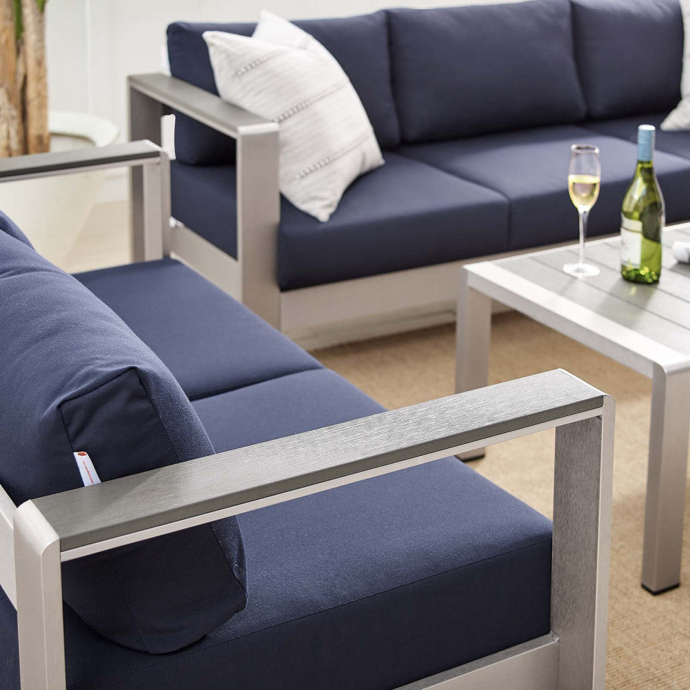 Sectional Sofa Chair Table Set, Sunbrella, Aluminum, Silver Blue Navy, Outdoor