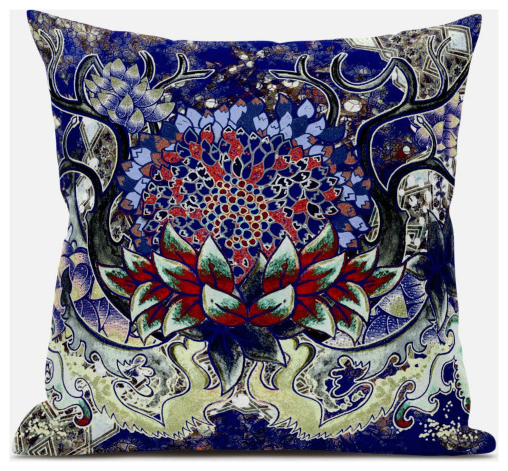 16" Blue Red Flower Bloom Suede Throw Pillow