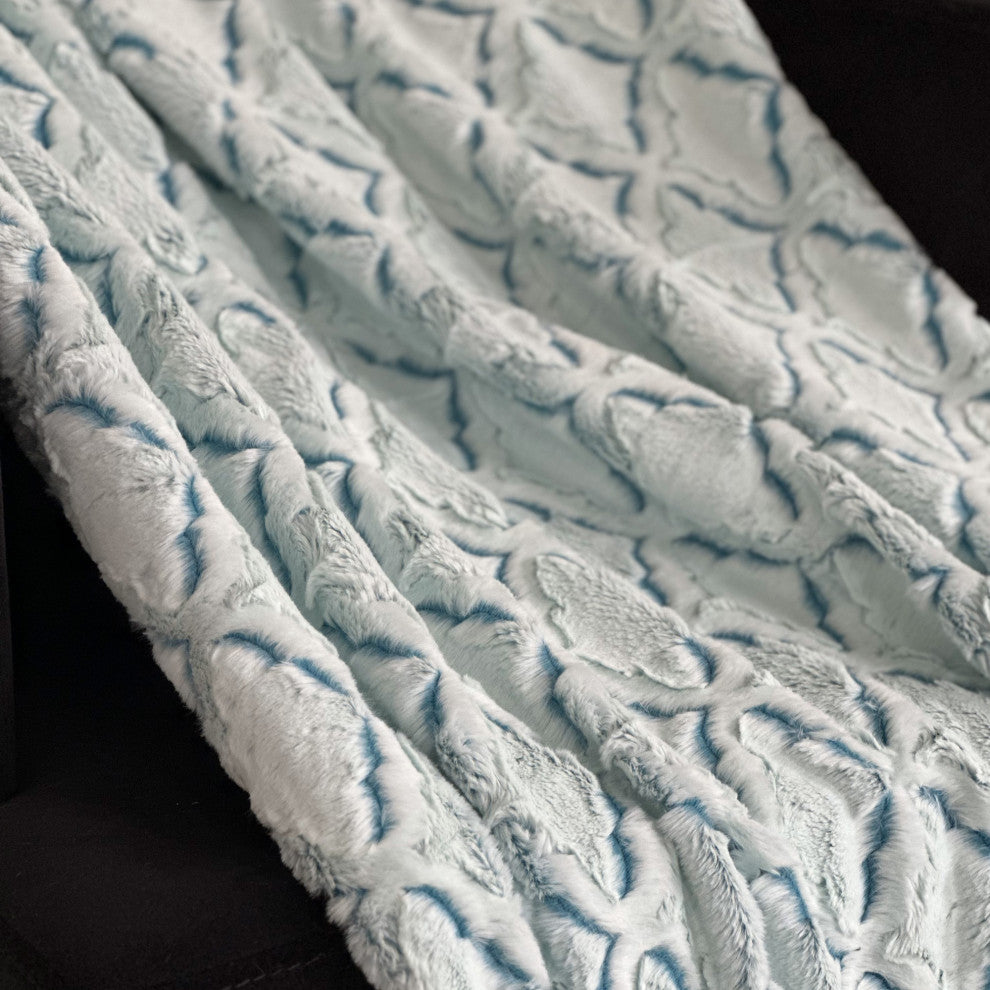 Plutus Light Blue Diamond Faux Fur Throw Blanket, 102"L x 116"W Cal King