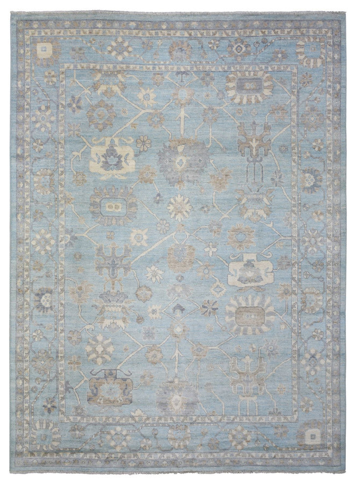 Light Blue Soft and Shiny Wool Hand Knotted Afghan Angora Oushak Rug, 9'2"x12'