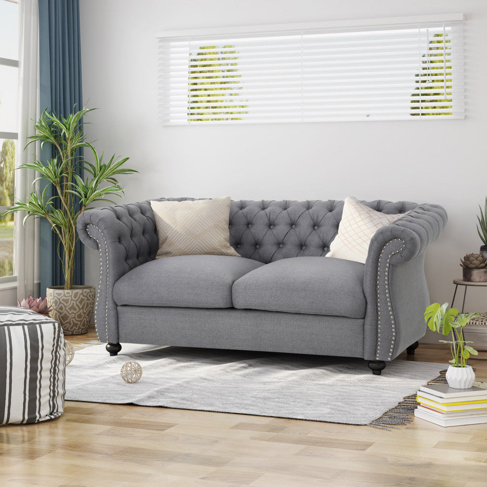 Chesterfield Loveseat, Birchwood Legs With Tufted Back & Rolled Arms, Dark Gray