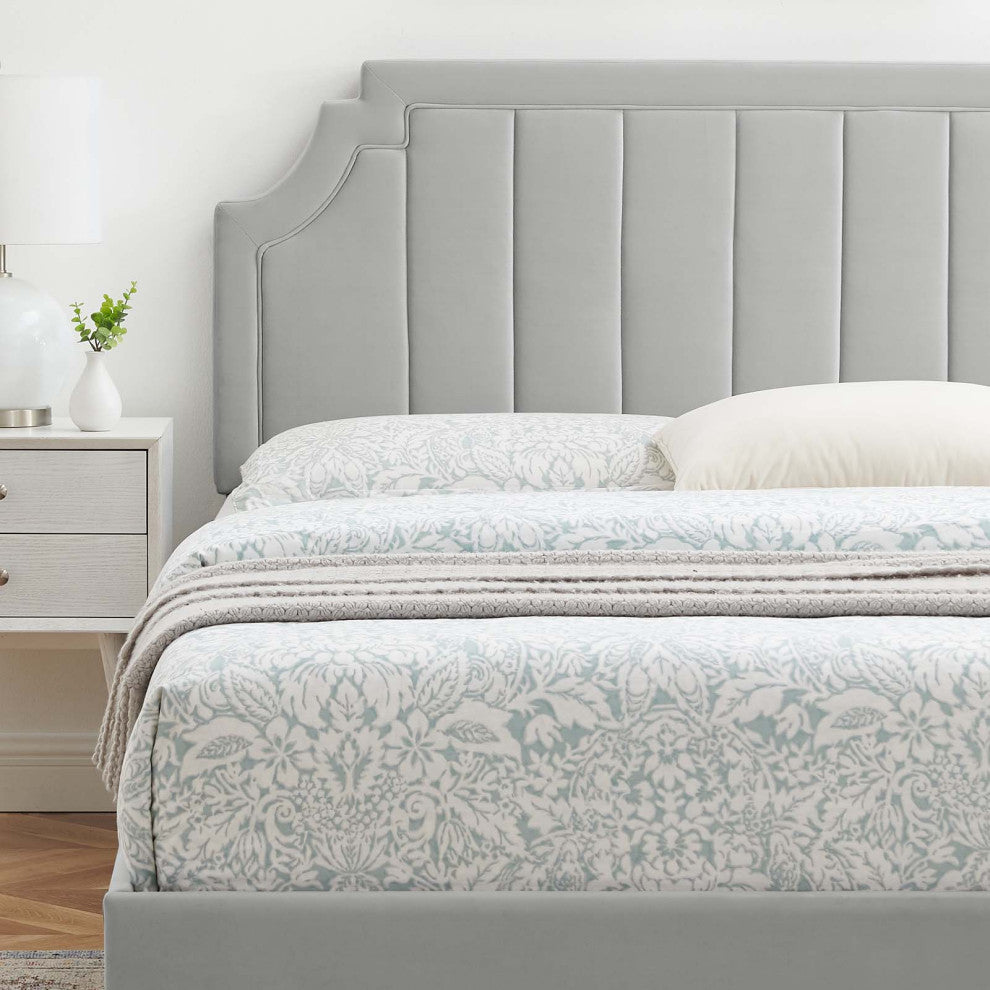 Platform Bed Frame, Full Size, Velvet, Light Grey Gray, Modern Contemporary