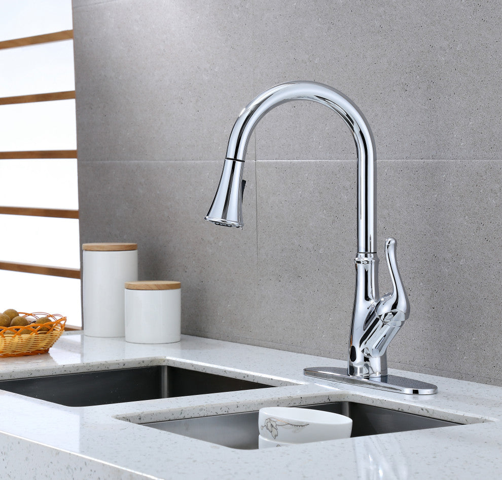 Runfine Hands Free Single-Handle Pull down Sprayer Kitchen Faucet, Chrome