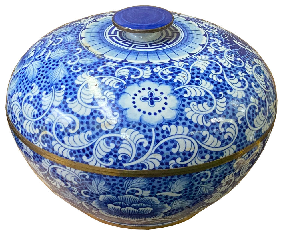 Vintage Blue White Porcelain Floral Pattern Accent Round Box Display Hws1998