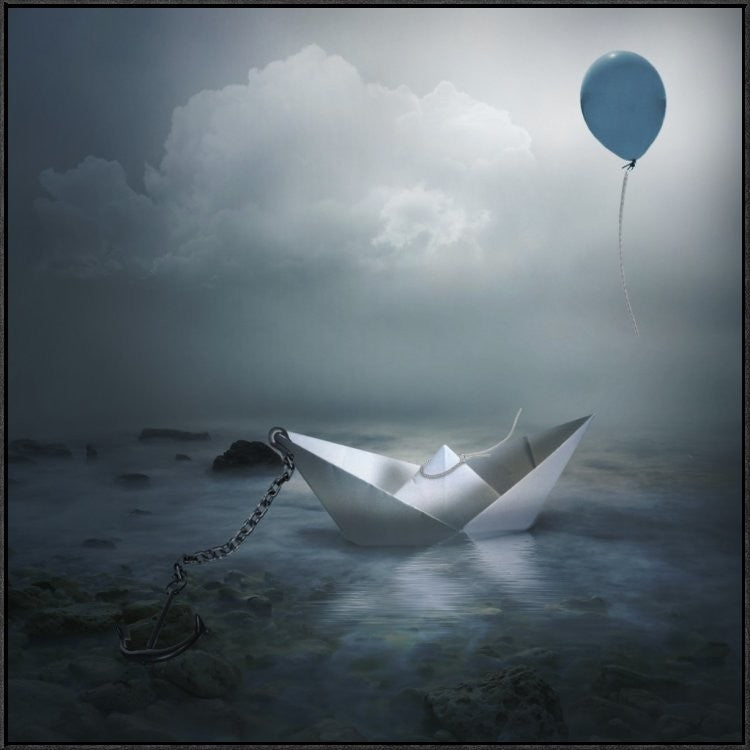 "Paper Boat and Balloon" Framed Canvas Giclee by Natalia Simongulashvili, 37x37"