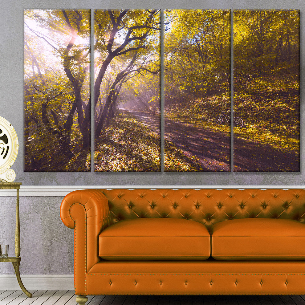 Bicycle Ride in Fall Forest, Landscape Canvas Art Print, 48"x28", 4 Panels
