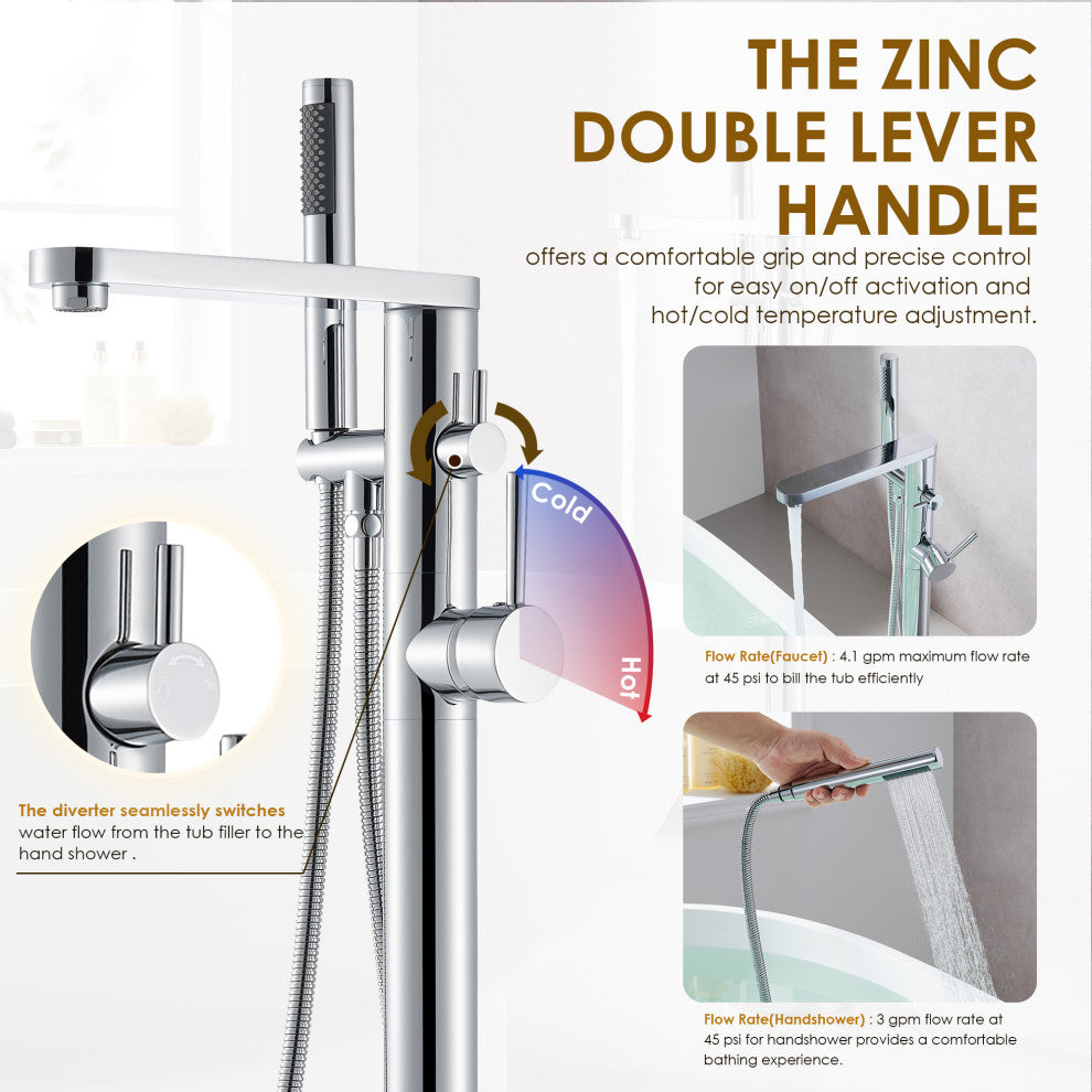 Allario Double Lever Handles Freestanding Floor Mounted Tub Filler, Polished Chome