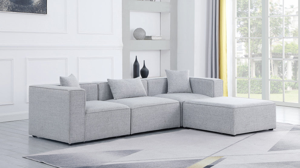 Cube Upholstered Modular Sectional, Gray, 4-Piece: 1 Armless Chair, 2 Corner Chair, 1 Ottoman, Linen Texured Fabric