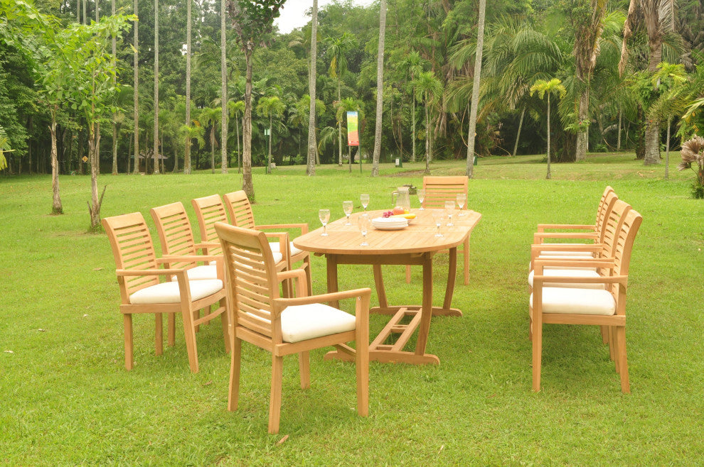 11-Piece Outdoor Teak Dining Set: 94" Oval Table, 10 Mas Stacking Arm Chairs