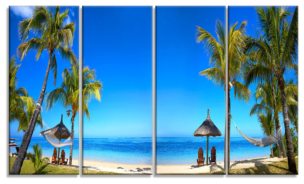 "Mauritius Beach With Chairs" Seashore Canvas Photo Print, 4 Panels, 48"x28"