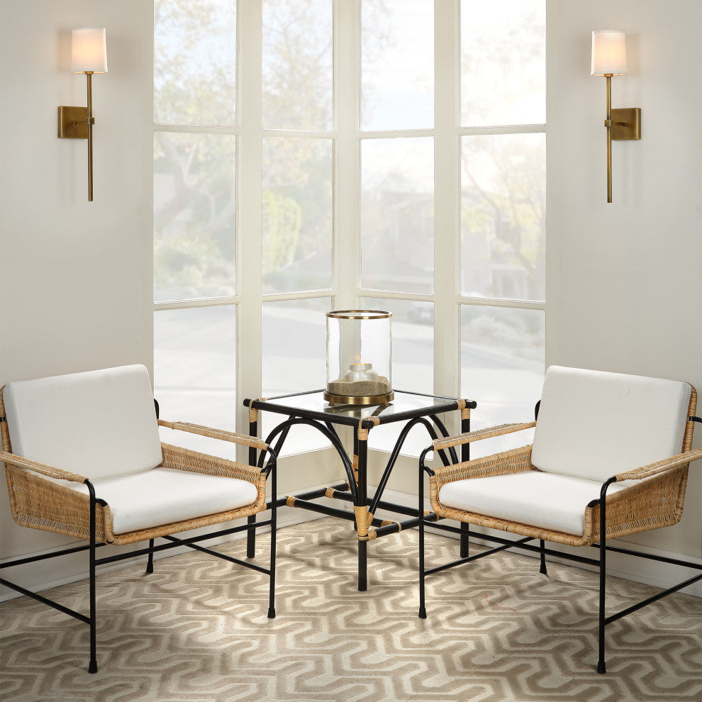 Palermo Lounge Chair, Natural Rattan and Black Steel With Off White Cushions