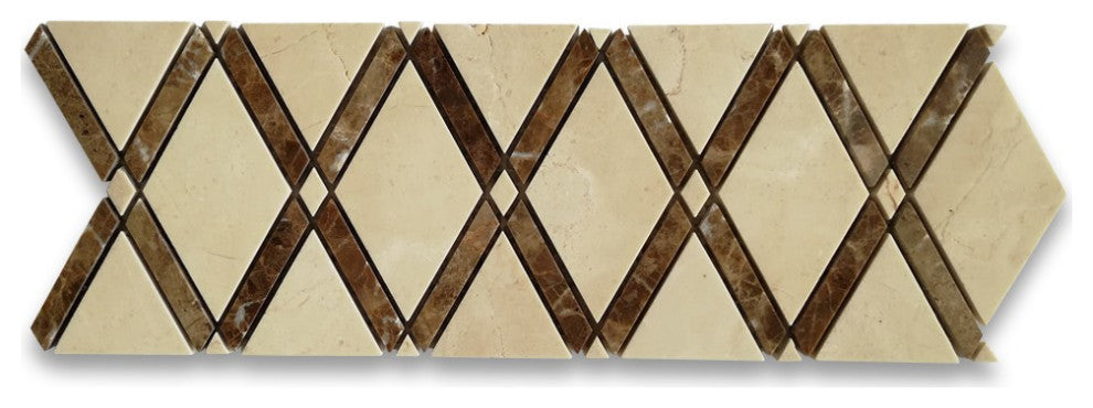 Crema Marfil Marble Lattice Diamond Mosaic Border Listello Tile Polish, 1 sheet