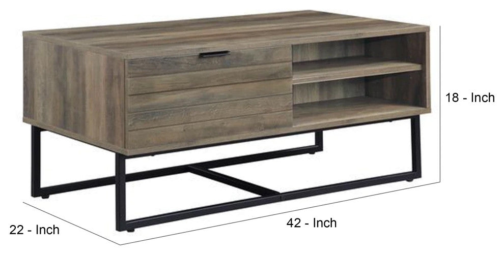Benzara BM269084 Coffee Table With 2 Open Compartments & Tubular Frame Oak Brown