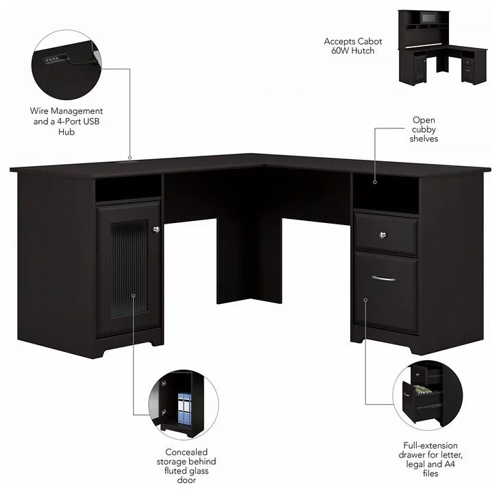 L-Shaped Desk With Hutch, Multiple Cabinets & Open Compartments, Espresso Oak