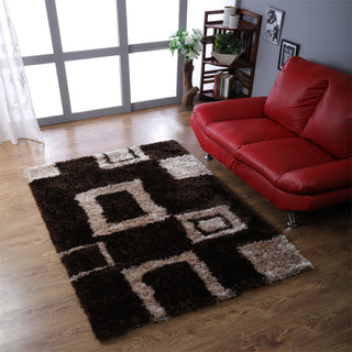 Hand Tufted Shag Polyester Area Rug Geometric Brown Beige, [Rectangle] 9'x12'