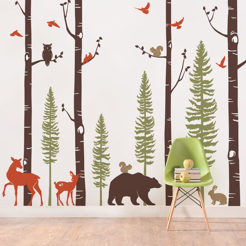 Birch Trees With Animals Wall Decal, Scheme A, 120" Tall Trees